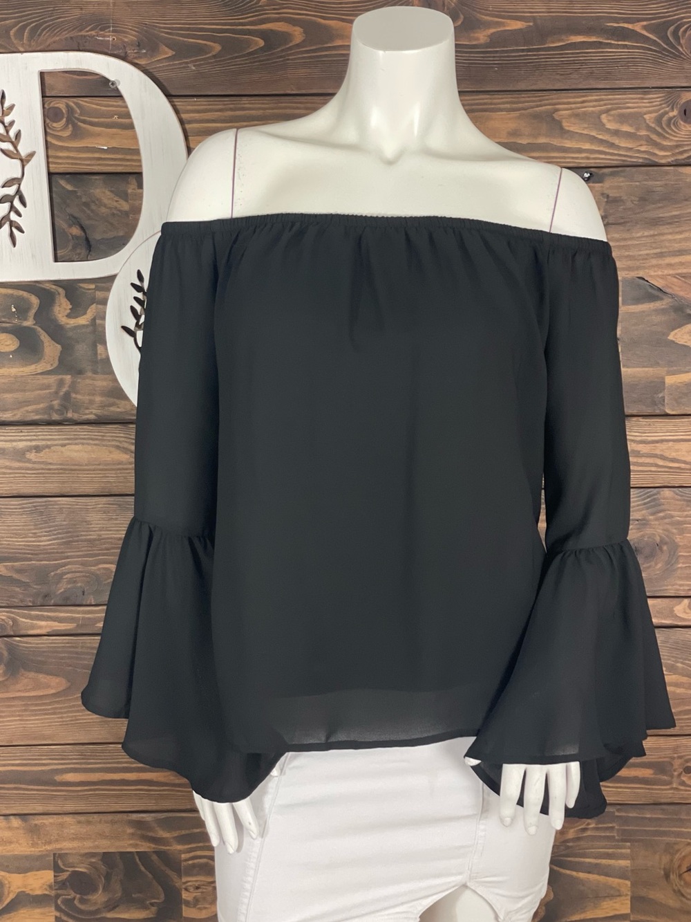 Cato | Chic Off the Shoulder Bell Sleeve Chiffon Black Blouse Elastic Top